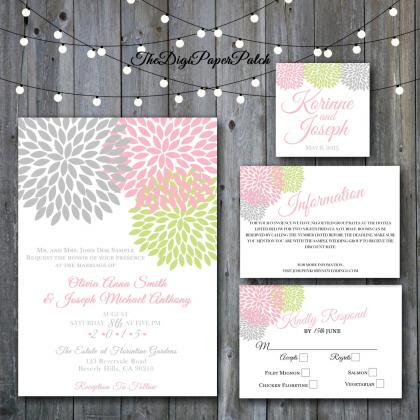 Chrysanthemum Pink Grey Green Wedding Invitation -..