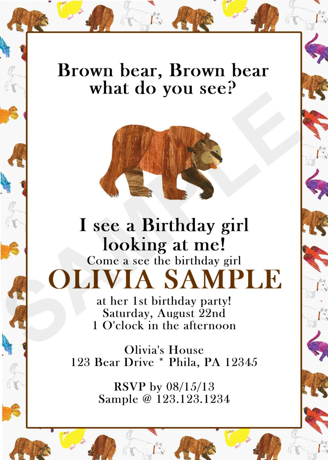 Brown Bear Birthday Invitation Front And Back (digital File)