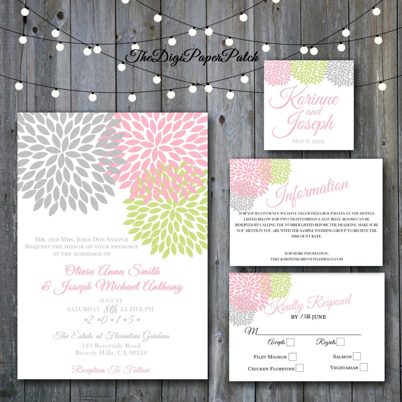 Chrysanthemum Pink Grey Green Wedding Invitation - Printable Wedding Invitation Set, Minimalist Wedding