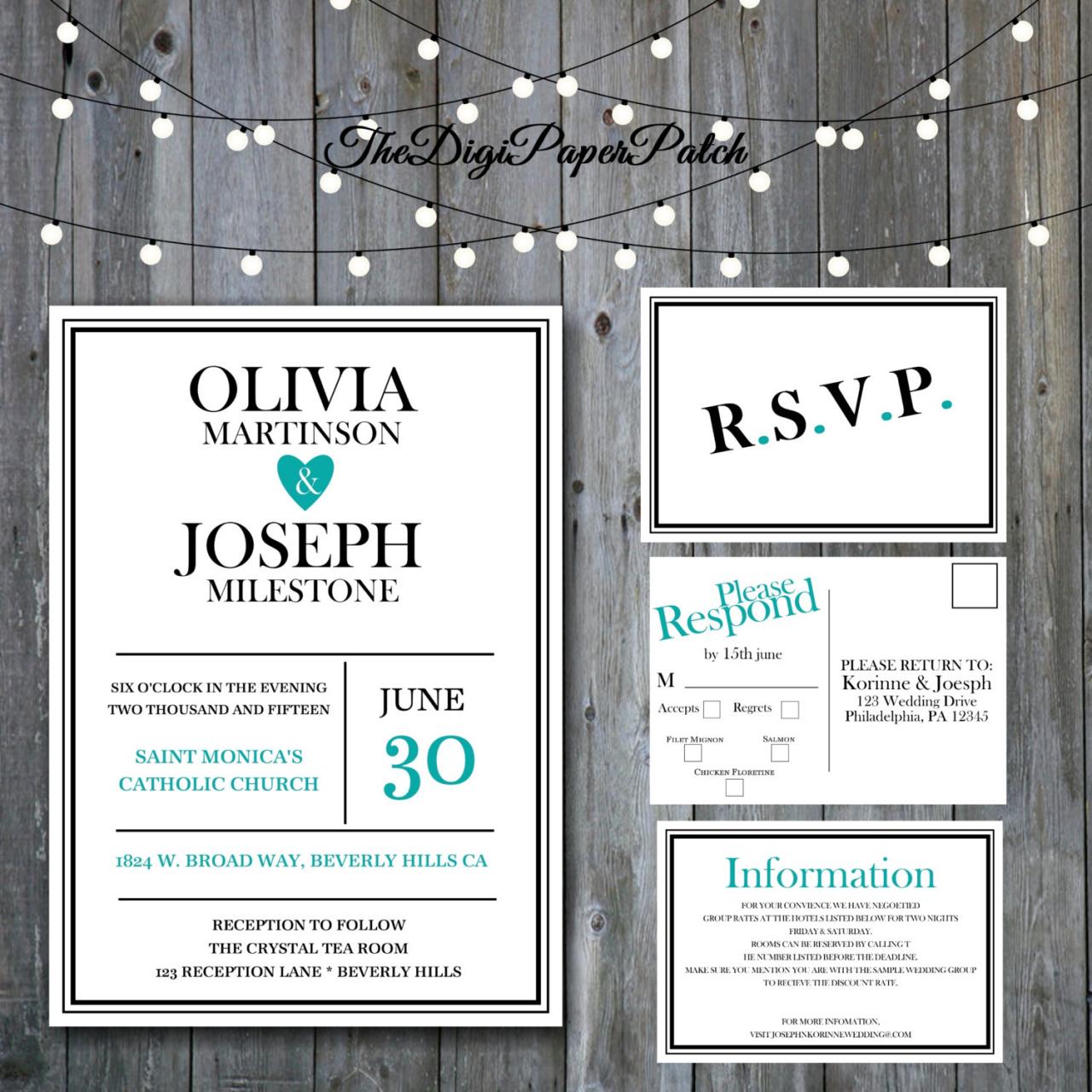 Teal Wedding Invitation - Printable Wedding Invitation Set, Minimalist Wedding, Wedding Invitation