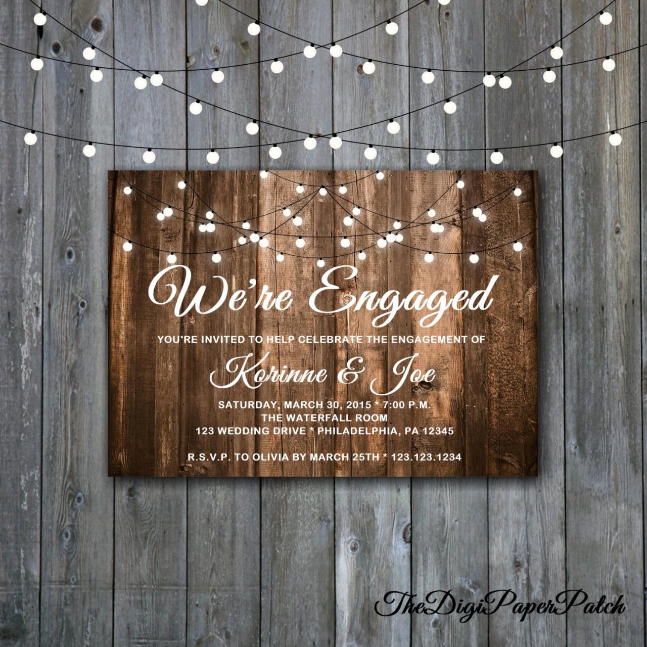 Engagement Wood And Lights Invitation - Printable Engagement Party Invitation , Minimalist Wedding, Aged Wood Engagement Invitation