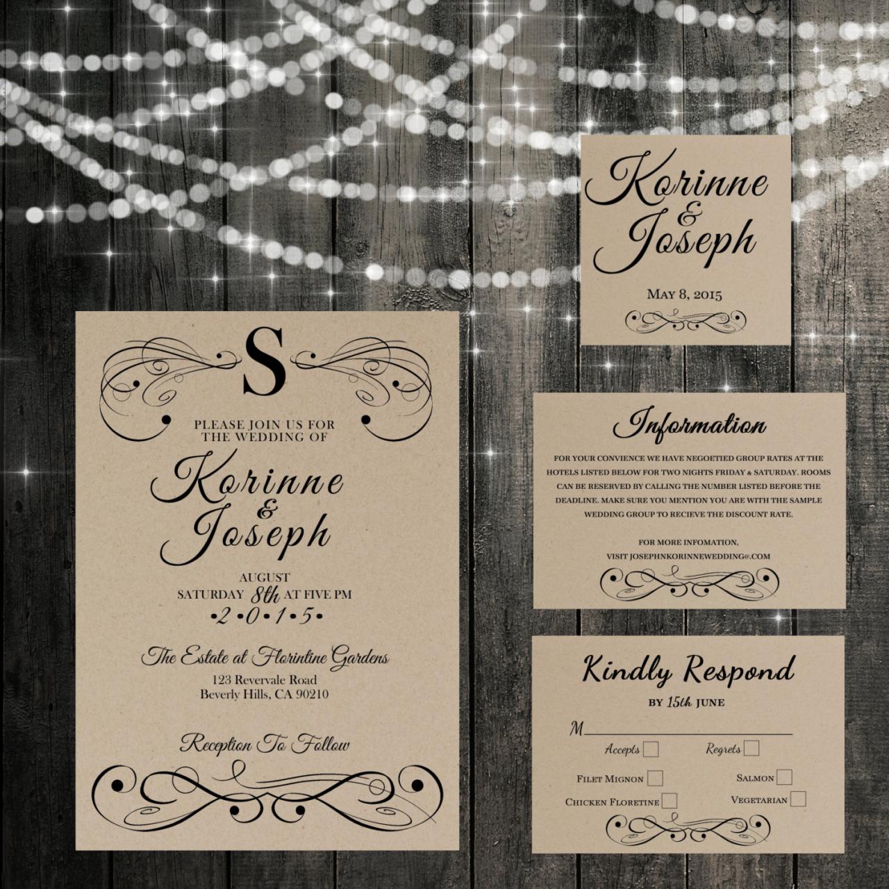 Vintage Wedding Invitation - Monogram Printable Wedding Invitation Set, Minimalist Wedding, Flourish Wedding Invitation